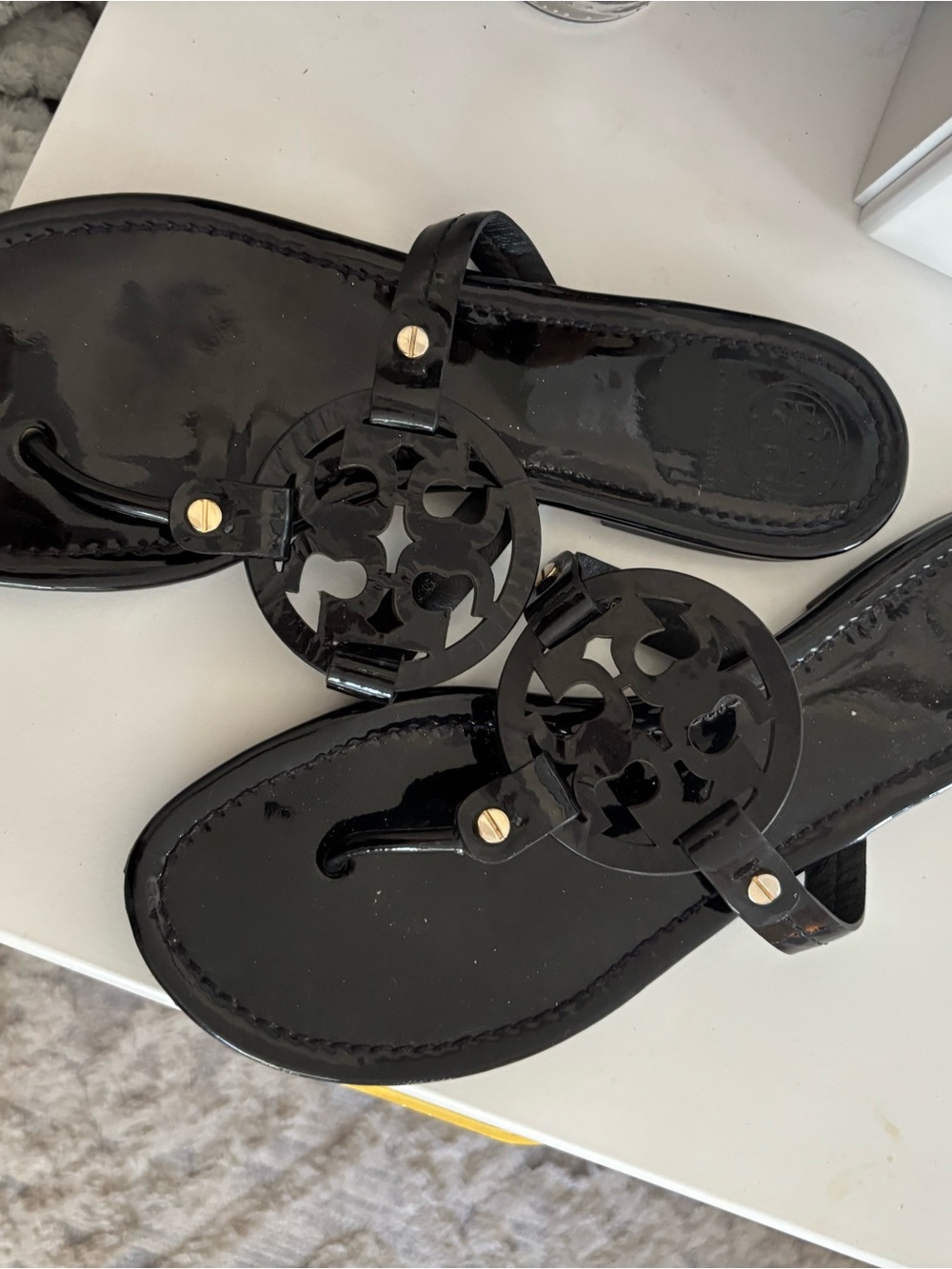 Tory Burch Black Patent Logo Thong Sandals with Gold Studs